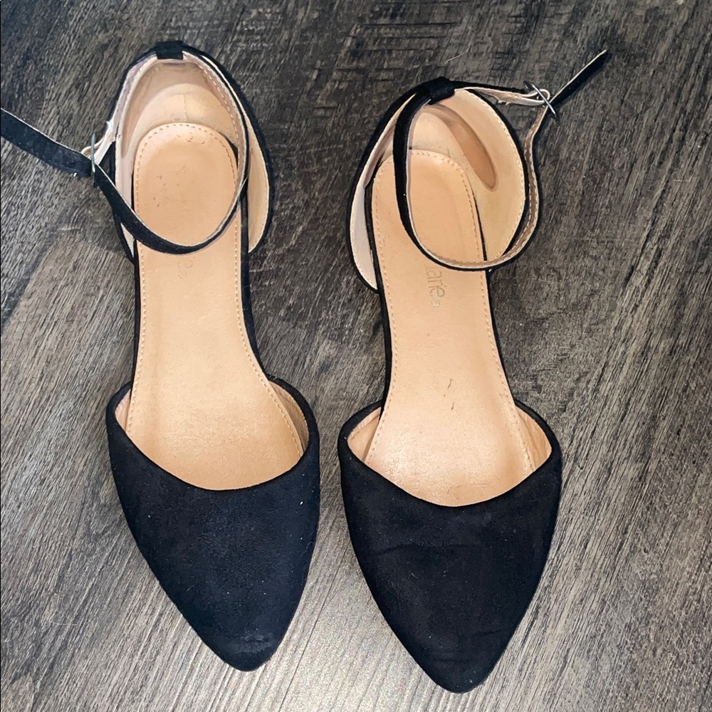 Suede Black Ankle Strap Flats